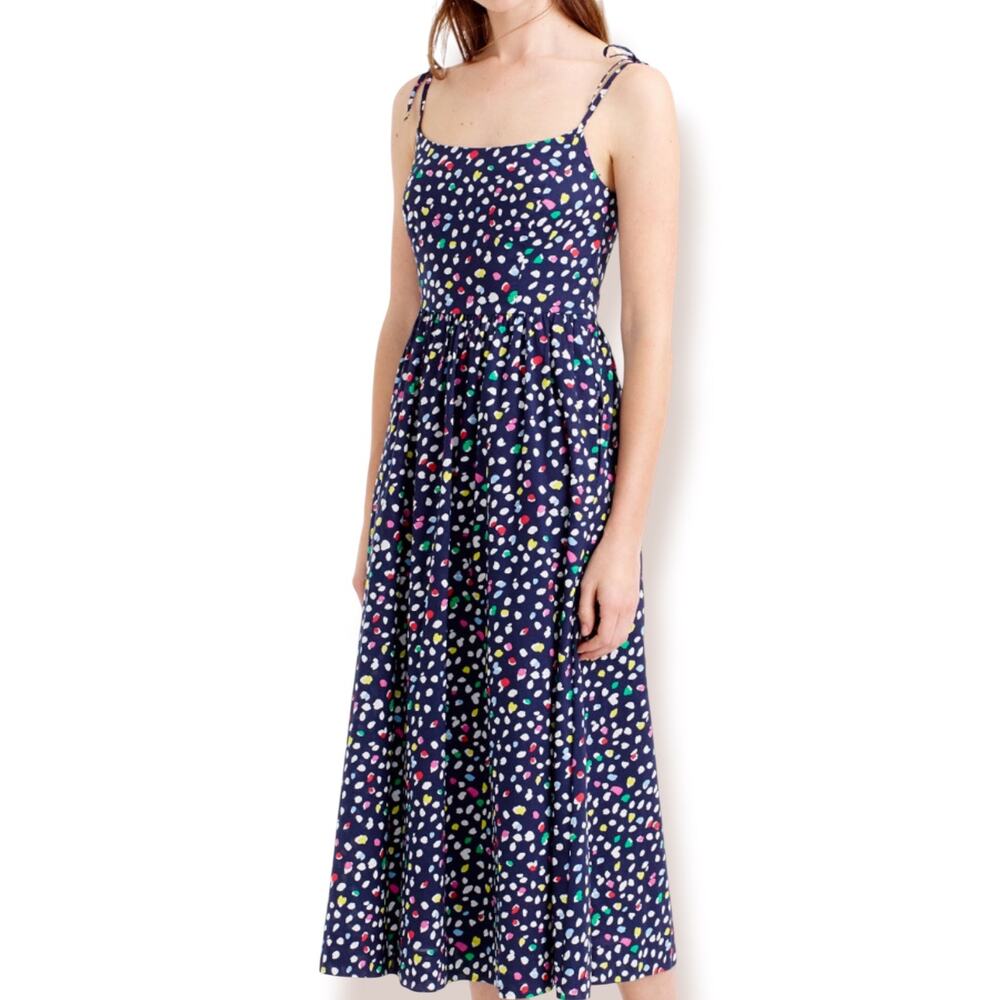 J.Crew Colorful Dot Print Cotton Midi Sundress Size 2 Navy Blue Tie Strap Dress